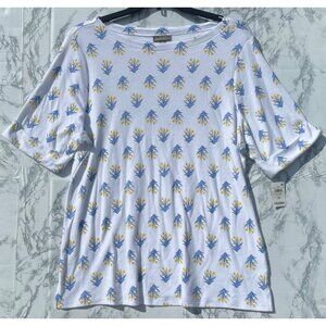 Style & Co Womens Tulip White 3X Essential Elbow Sleeve Tee With Blue & Yellow